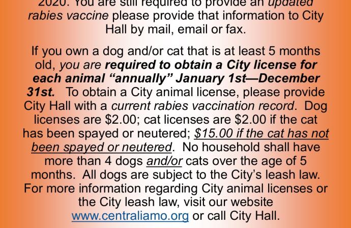 Dog and Cat License are now good from January 1st – December 31st of each year.     